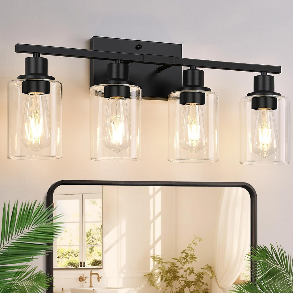 4-Light Bathroom Light Fixtures, Matte Black Modern Vanity Lights with Clear Glass Shades, Bathroom Wall Lamp for