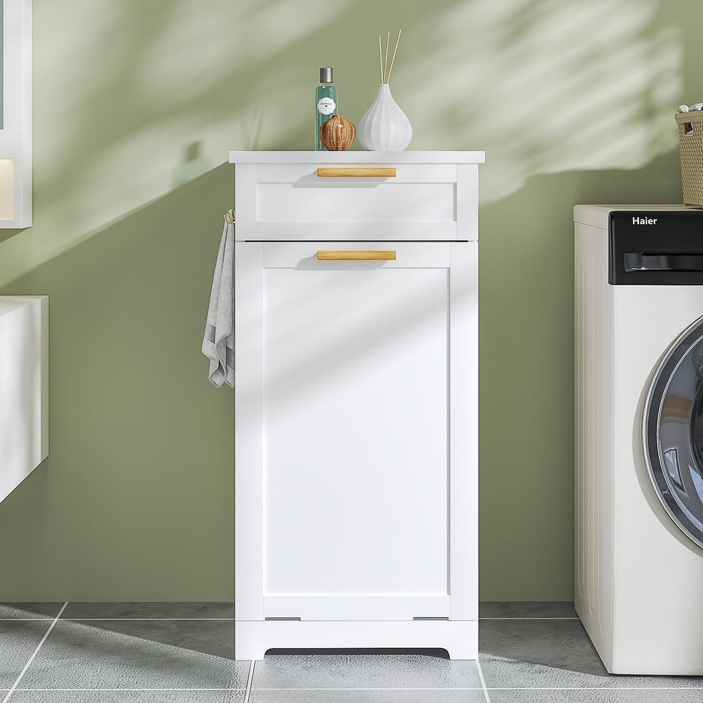 Tilt Out Laundry Hamper, 35" Bathroom Cabinet with Hidden Removable Basket, 1 Drawer and 4 Side Hooks for Storage