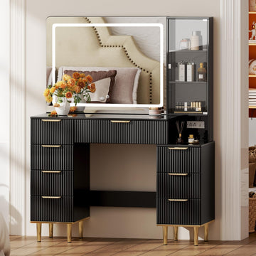 Modern Vanity Desk with 31.5" Mirror and Lights,Makeup Vanity Table with 8 Drawers,Makeup Desk with Power