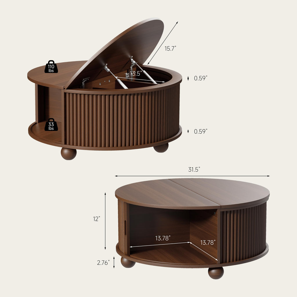 Fluted Round Coffee Tables, 31.5" Mid Century Modern Circle Drum Table with Storage, Accent Coffee Table with Sliding