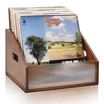 Vinyl Record Storage Crate, Solid Pine Wood Record Box Holds Up to 60 LP Albums, Wooden Vinyl Record Holder with