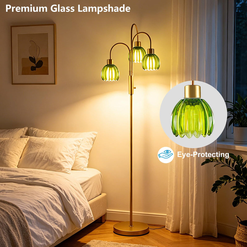 Green Glass Gold Floor Lamp 70" Modern Dimmable Tall Floor Lamps 3-Light