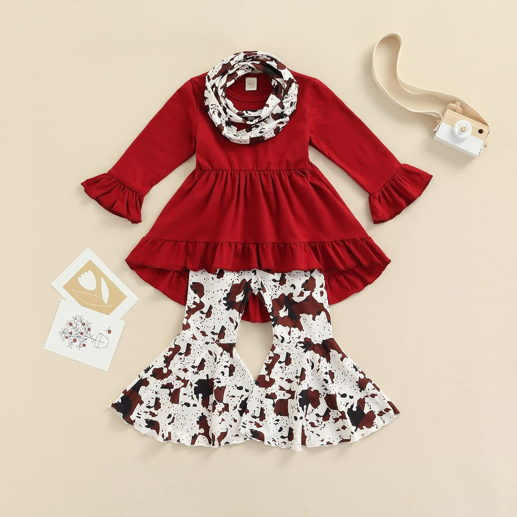 Toddler Baby Girl Clothes Long Sleeve Cow Print Outfit T-Shirt + Flare Pants Bell-Bottom Tie Dye Leggings Set