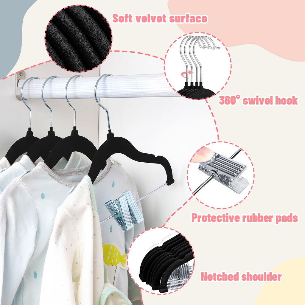 11.8'' Baby Velvet Hangers with Movable Clips 28 Pack Black