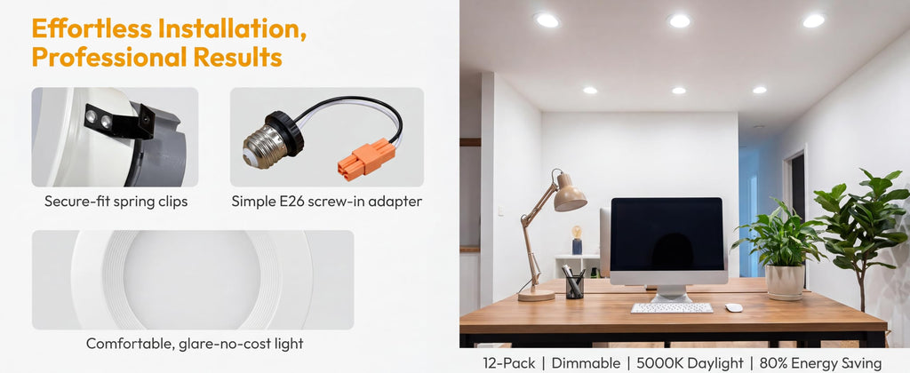 12 Pack 4 Inch Retrofit LED Recessed Lighting with E26 Adaptor, Can Lights with Baffle Trim, Dimmable, Damp Rated, 8W