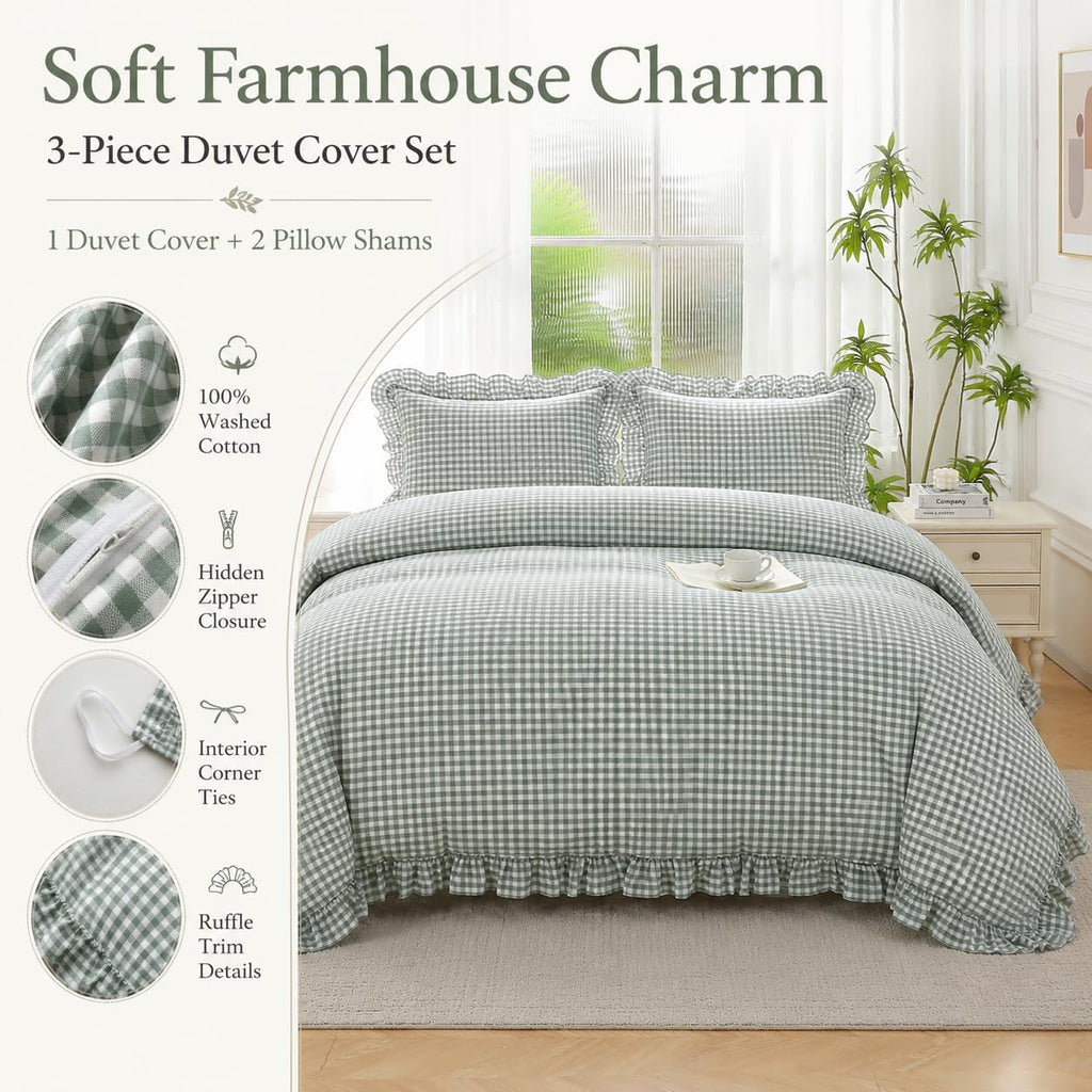 Dusty Green Gingham Ruffle Duvet Cover Set