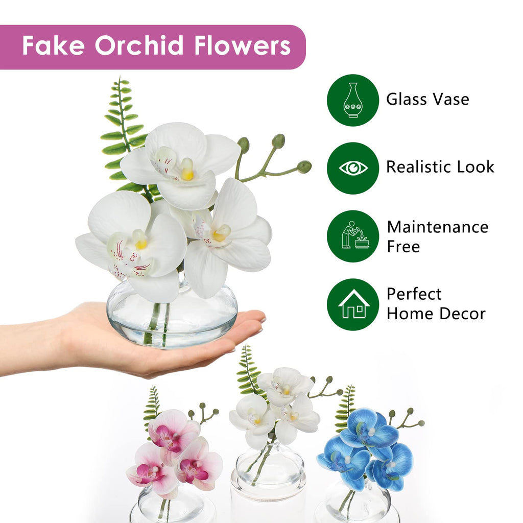White Orchids Artificial Flowers Faux Orchids Arrangement in Clear Glass Vases Set of 3 Real Touch Phalaenopsis
