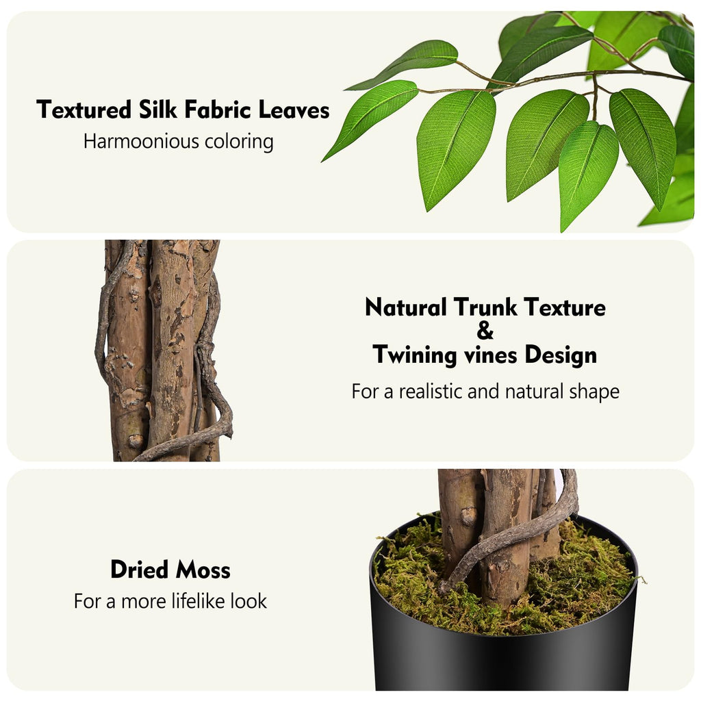 5ft Ficus Artificial Trees with Natural Curved Trunks, 60" Tall Lush Faux Tree Decor Indoor, Green Lifelike Fake