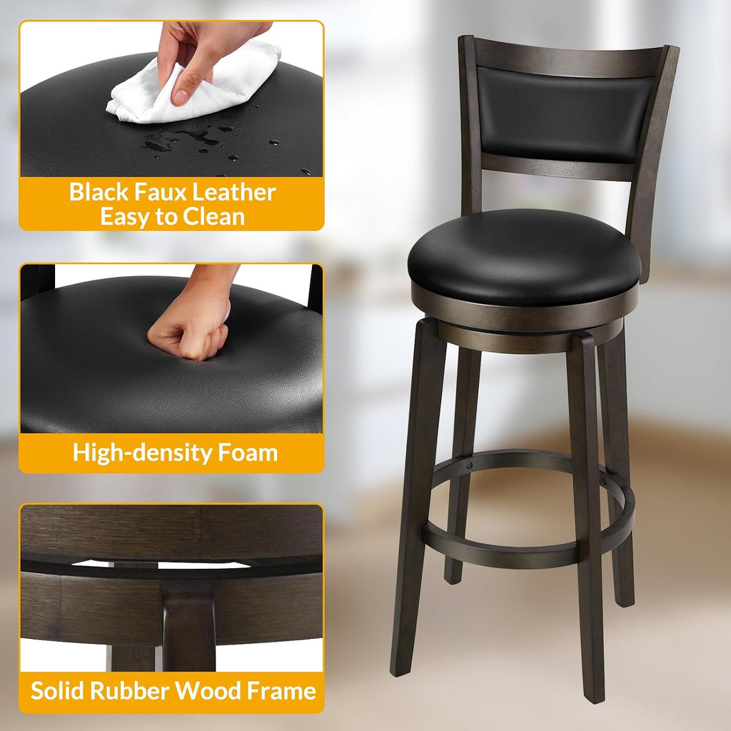 Swivel Bar Stools Set of 2, 30 Inch Bar Height Barstools, Black Faux Leather Bar Stool with High Backrest & Solid