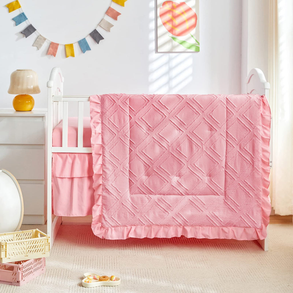 Tufted Ruffle Crib Bedding Set 3 Pieces Baby Boho Quilted Comforter with Fitted Sheet and Bed Skirt - Cute Ruffled