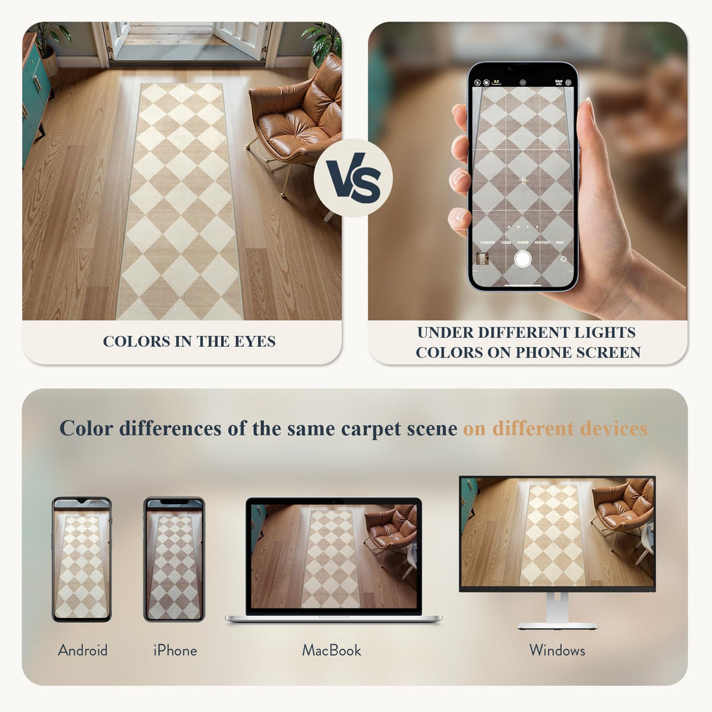 Checkered Print Carpet Runners 12ft, Beige Neutral Washable Long Hallway Runner Rug, Moroccan Gingham Diamond