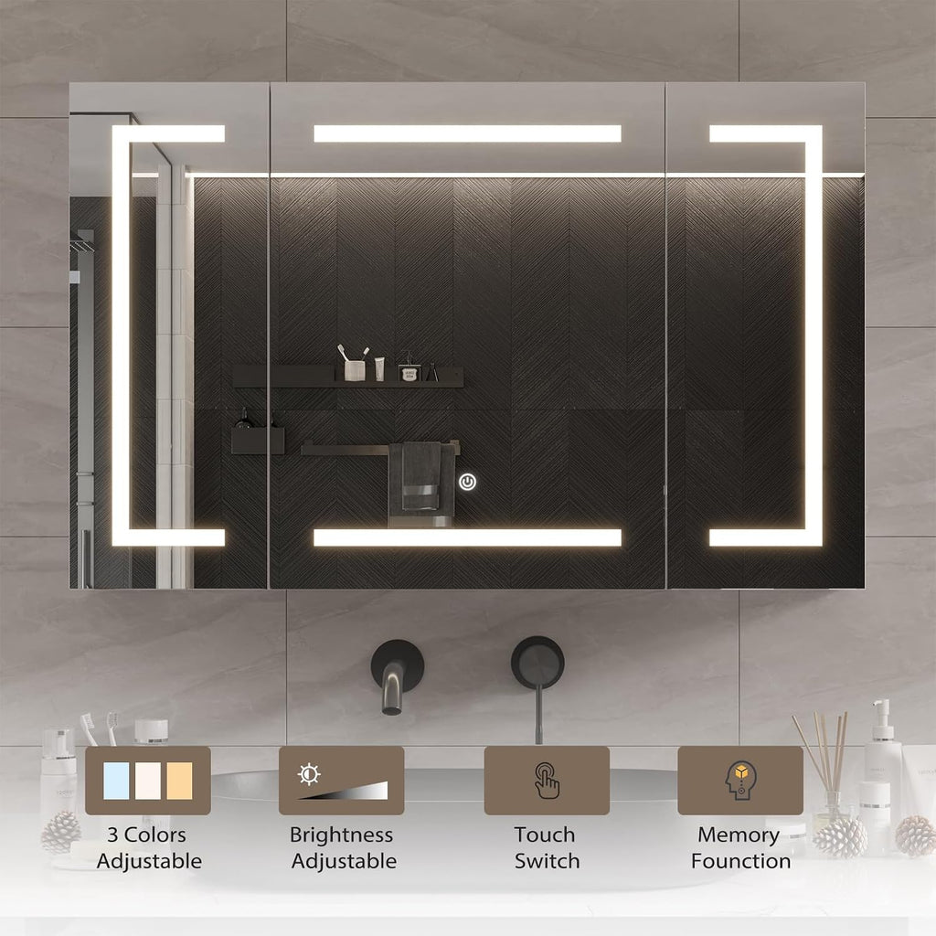 Medicine Cabinet with Mirror and LED Light, Wall Mounted Bathroom Mirror with Storage, 3 Doors Bathroom Wall Cabinet