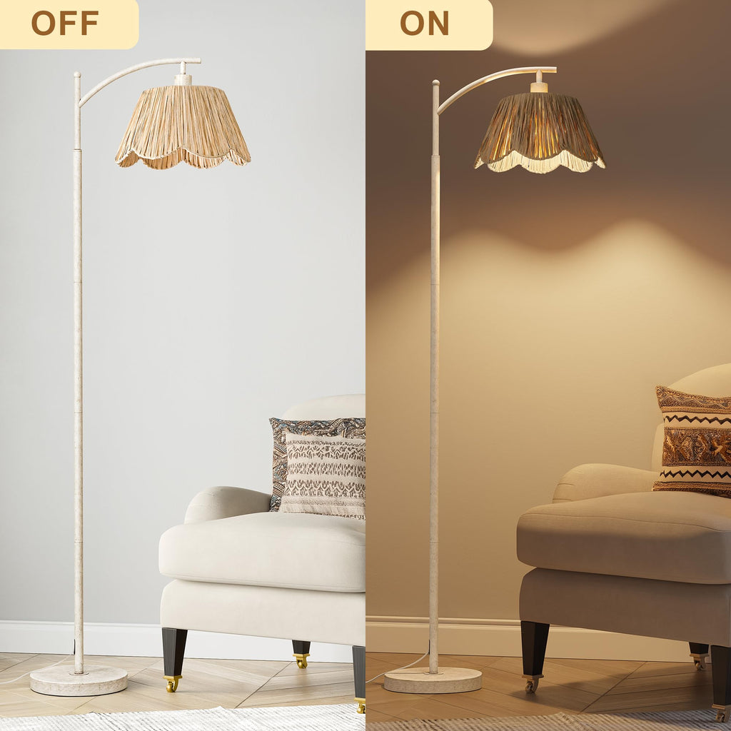 Rattan Floor Lamp with 3 Color Temperatures, Boho Floor Lamp with Remote & Dimmable Bulb, Farmhouse Standing Lamp for