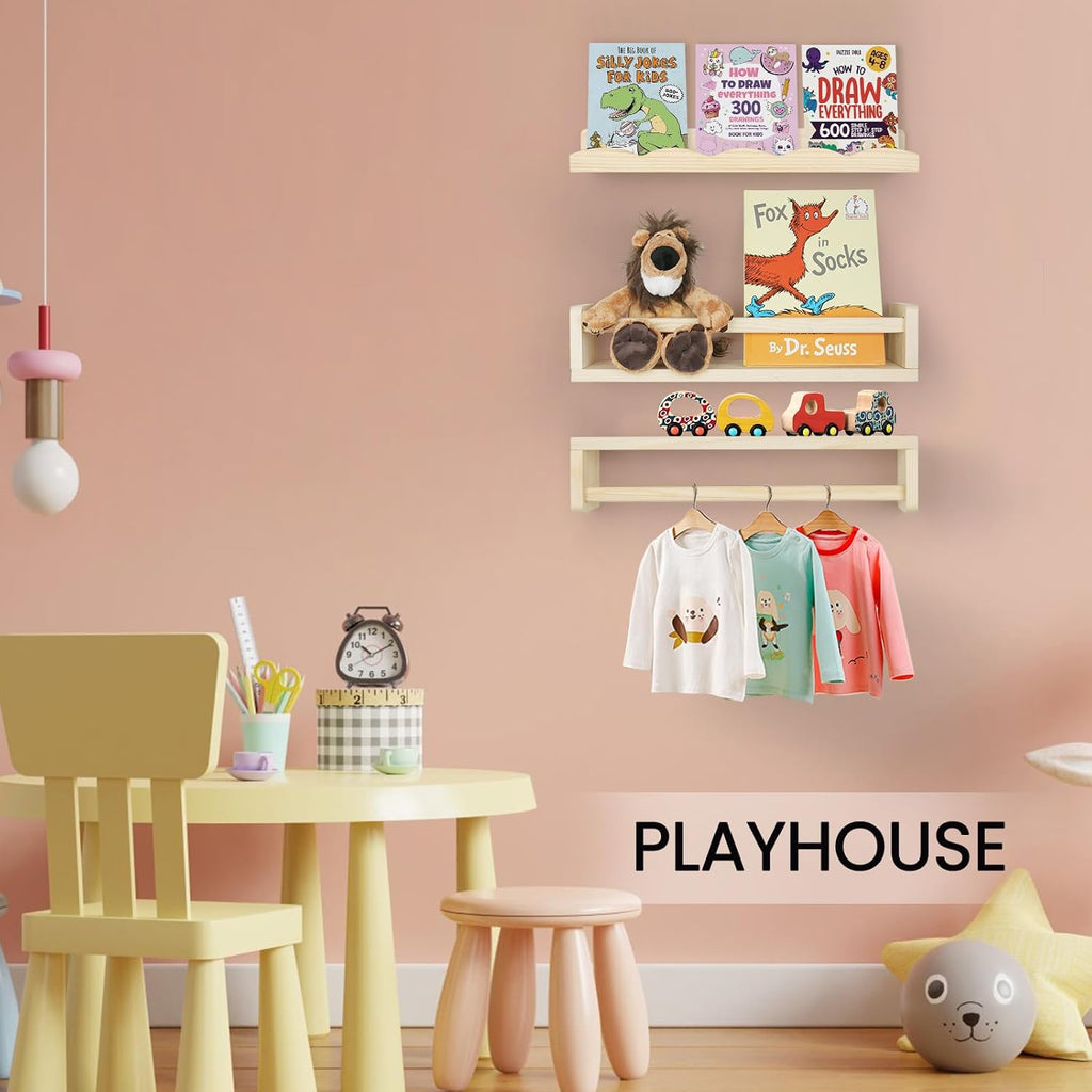 Floating Book Shelves for Wall, 16.5" Natural Wood Nursery Shelves for Book Storage, Solid Pine Wooden Floating Wall