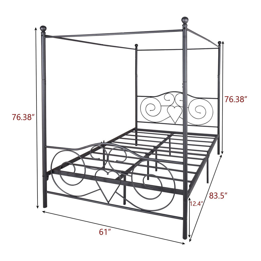 Canopy Bed Frame, Metal Canopy Platform Bed, No Box Spring Needed, Black Vintage Style