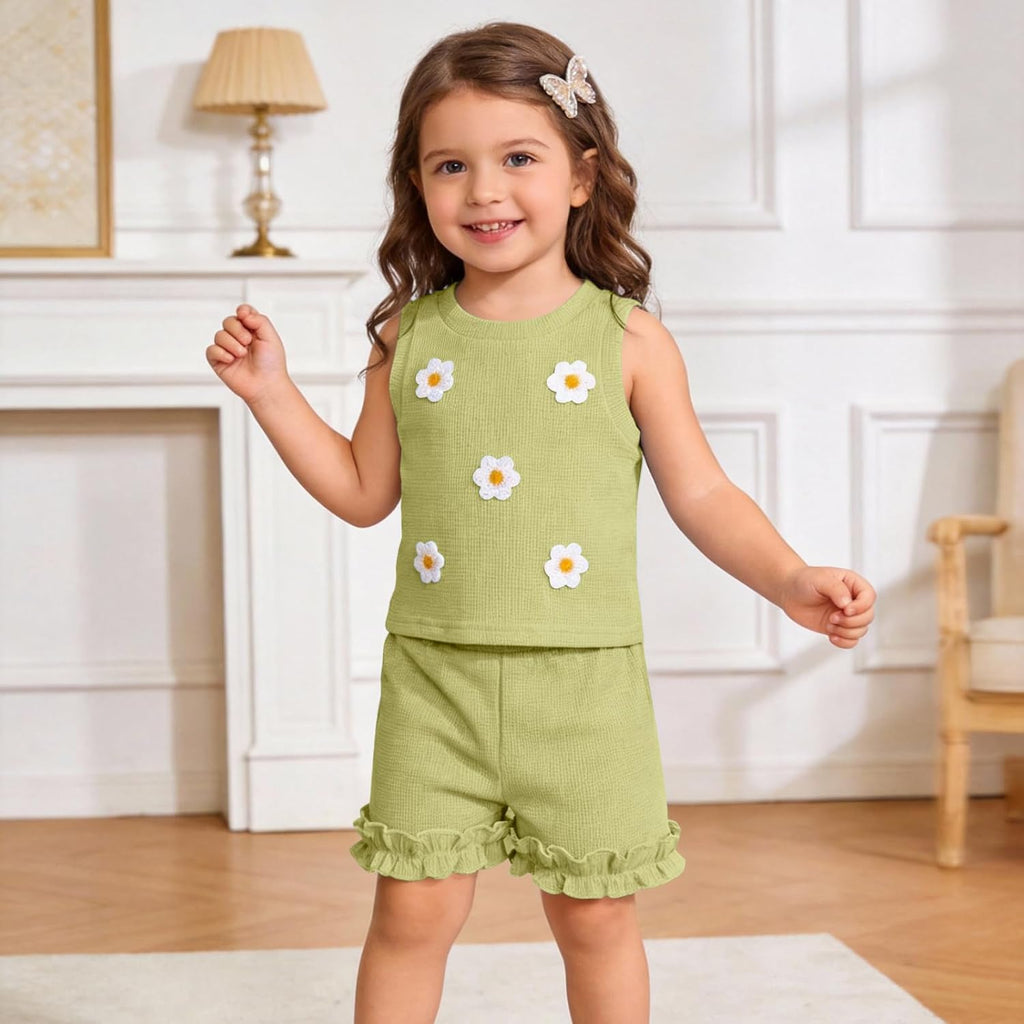 Toddler Baby Girl Outfits Floral Summer Clothes Waffle Sleeveless Tops Ruffle Shorts Cute Infant Spring Clothes Set