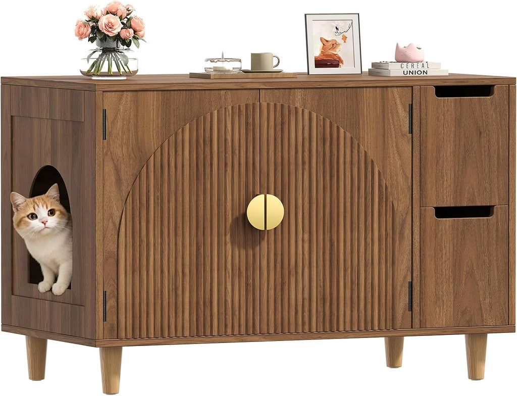 35.4" Wooden Fluted Cat Litter Box Enclosure with 2 Layer Drawers