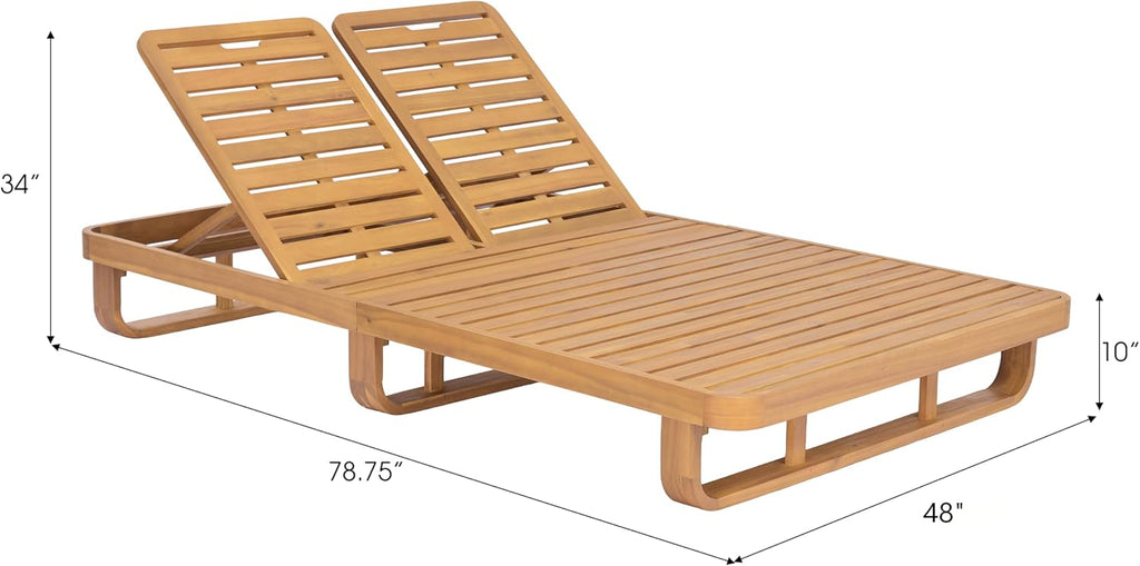 Double Acacia Wood Chaise Lounge with Dual Adjustable Backrests, Patio Outdoor Chaise Lounge, Wooden Sunbathing Pool