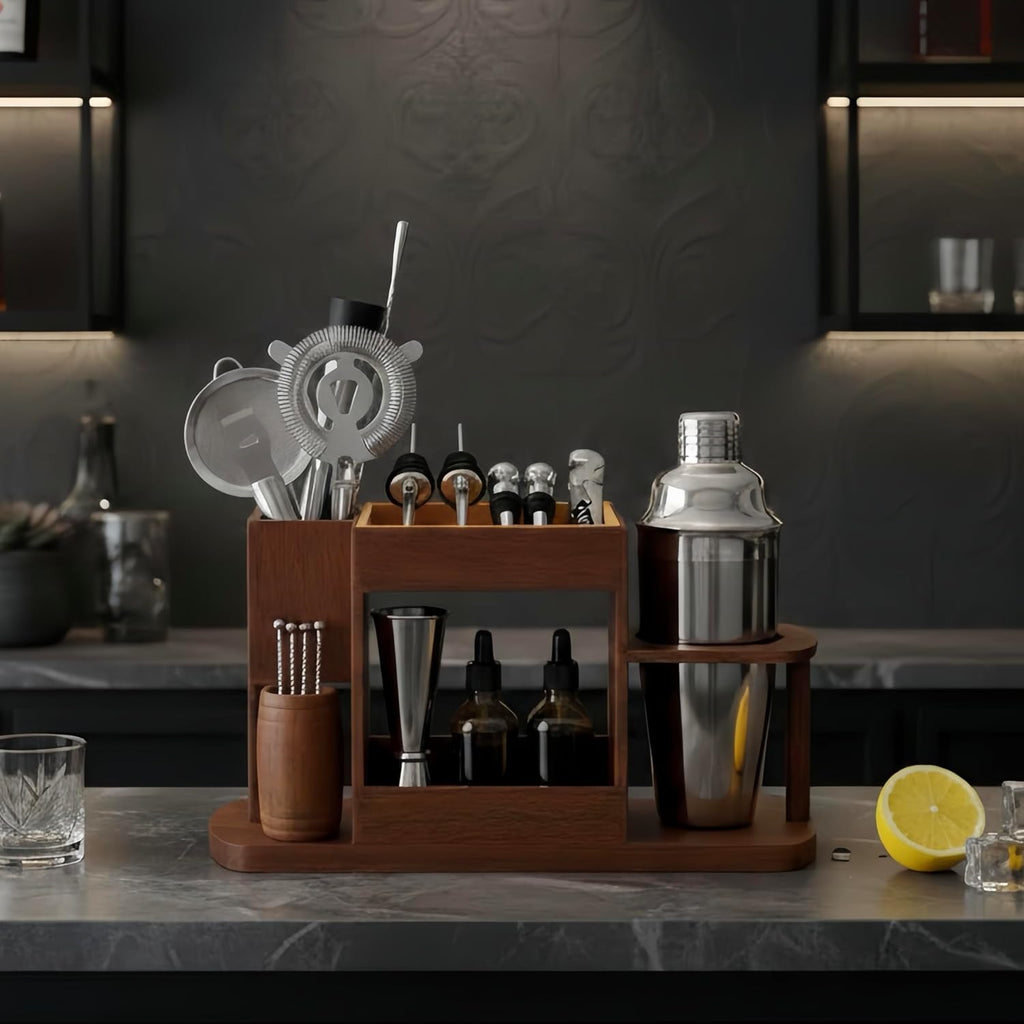 Cocktail Making Dock, 23-Piece Cocktail Shaker Set with Versatile Wooden Stand, Easy Access Stainless Steel Bartender - Set of 23