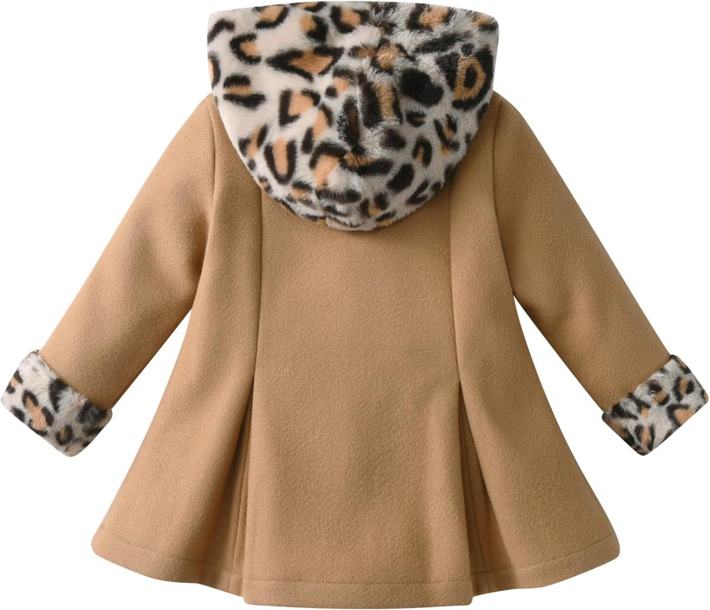 Toddler Baby Girl Fleece Jacket Long-sleeve Button Leopard Hooded Wool Blend Coat Outerwear