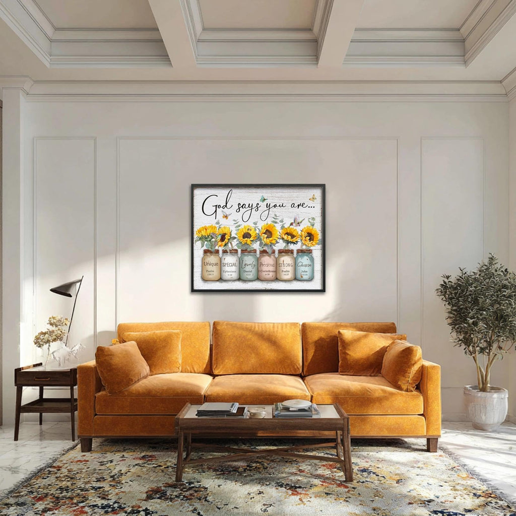 Inspirational Bible Verse Wall Art: God Says You Are Wall Sayings Sunflower in Mason Jar Picture Print Christian Gift