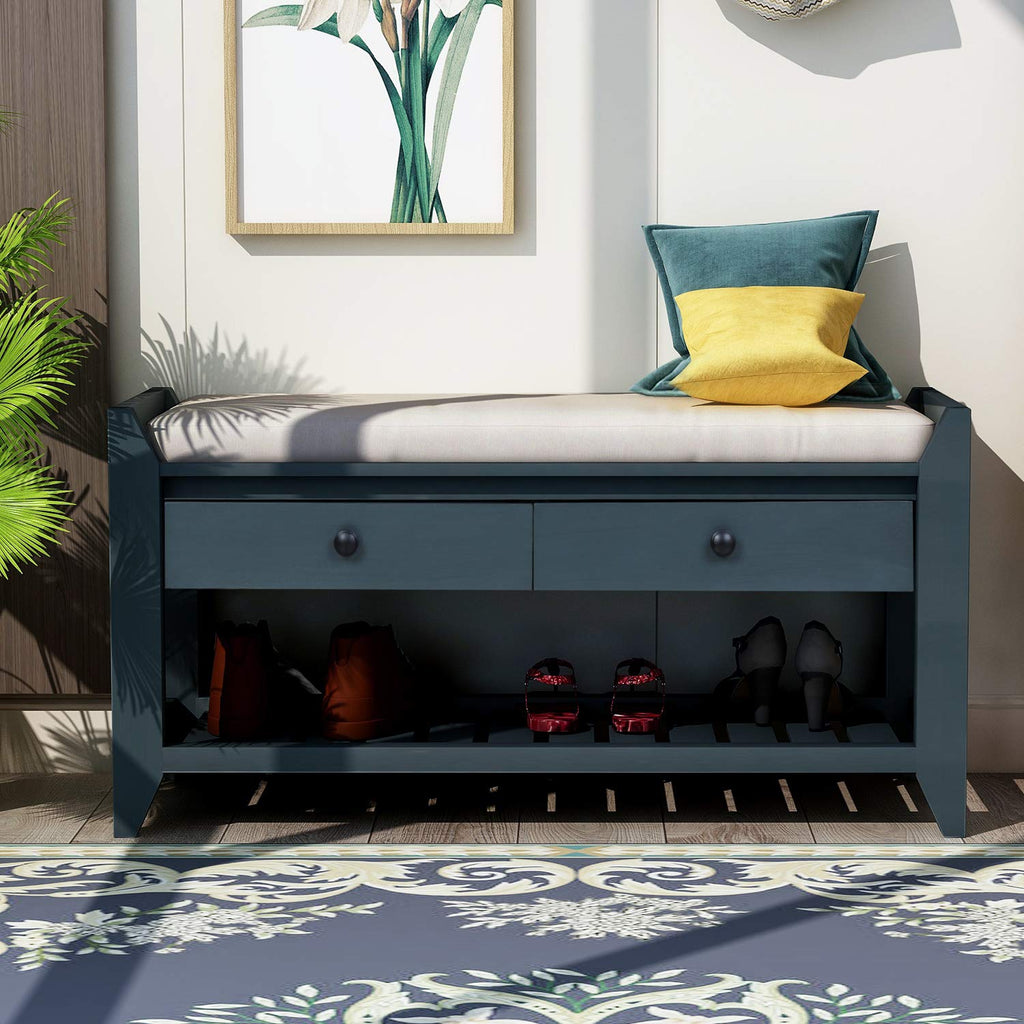 Shoe Storage Bench with Padded Cushion, Rustic Storage Bench with Woven Rattan Doors and Adjustable Shelves, Grey