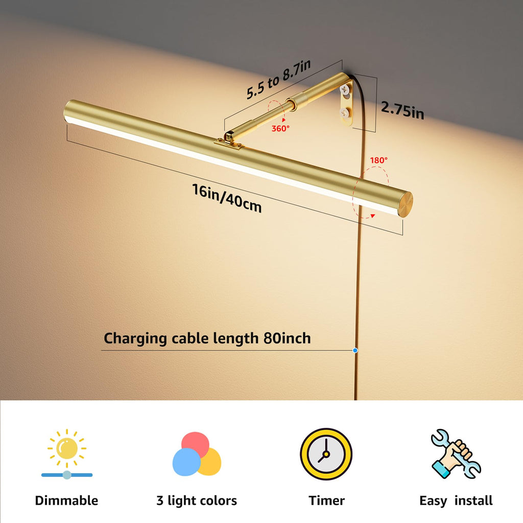 16" Plug in LED Picture Light, 5W Gold Remote Control Art Light