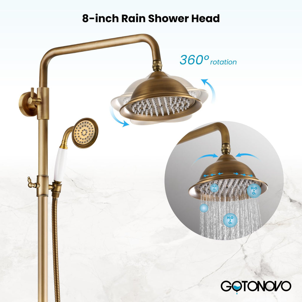 Exposed Shower System 8'' Head Antique Brass, No Shower Shelf