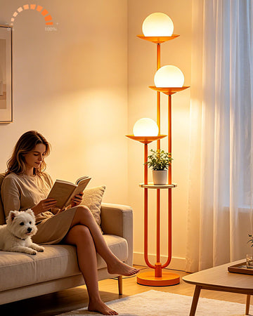 63IN Globe Floor Lamp with Shelf 3-Lights Modern Dimmable Orange Floor Lamps with 3000K Soft Warm White Bulbs for