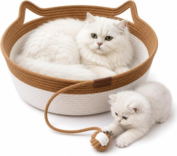 Instinct Basket for Cats, 40cm Handwoven Cat Basket Bed, Cotton Rope Cat Bed with Ear-Shaped Handles & Rope Ball