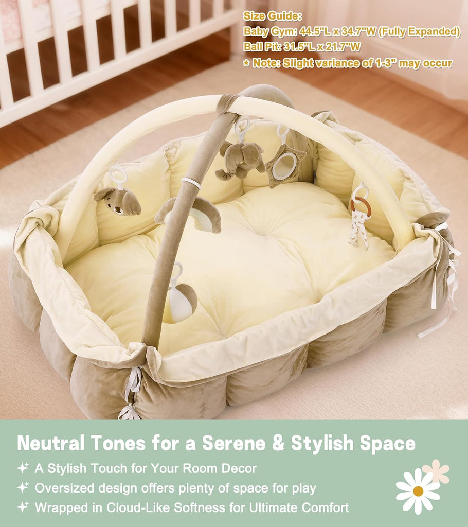 In-1 Baby Play Gym and Tummy Time Mat, 12 Learning Cards, Plush Activity Mat with 6 Toys, Baby Gym, Convertible to