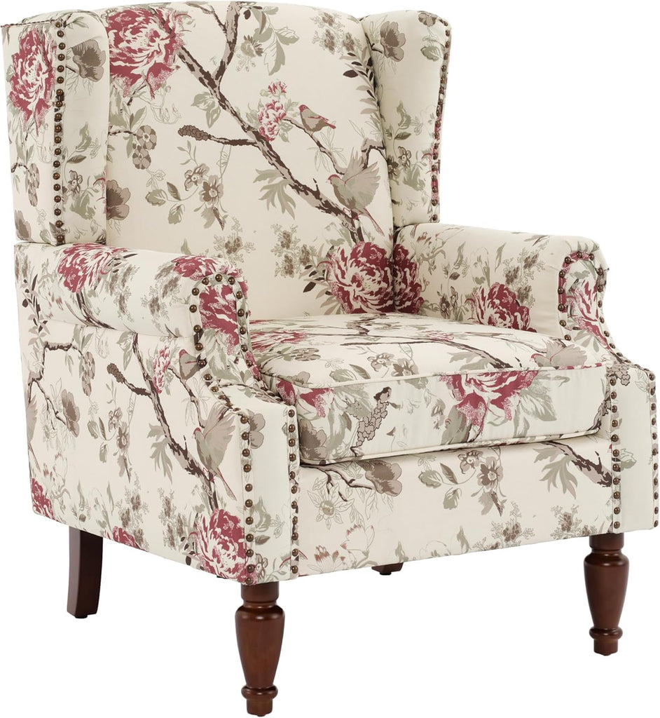 Floral High Back Accent Chairs Set of 2, Wingback Armchair in Fabric