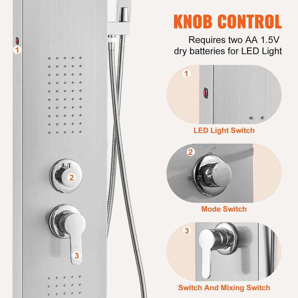 Shower Panel System, 5 Shower Modes, LED Shower Panel Tower, Rainfall, Waterfall, 2 Body Massage Jets, Tub Spout