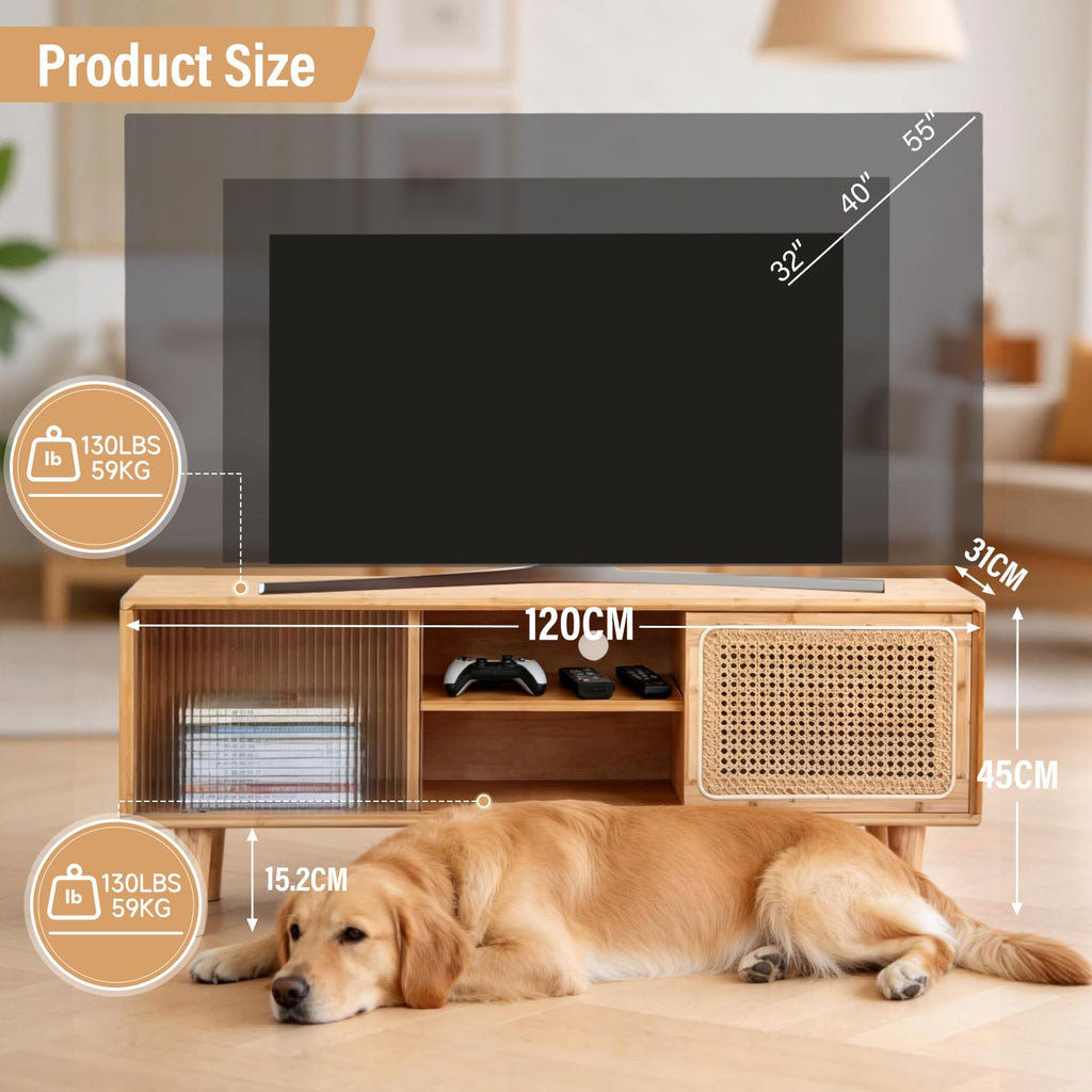 Rattan TV Stand for 55 Inch TV, Bamboo Cabinet with Storage, Wood