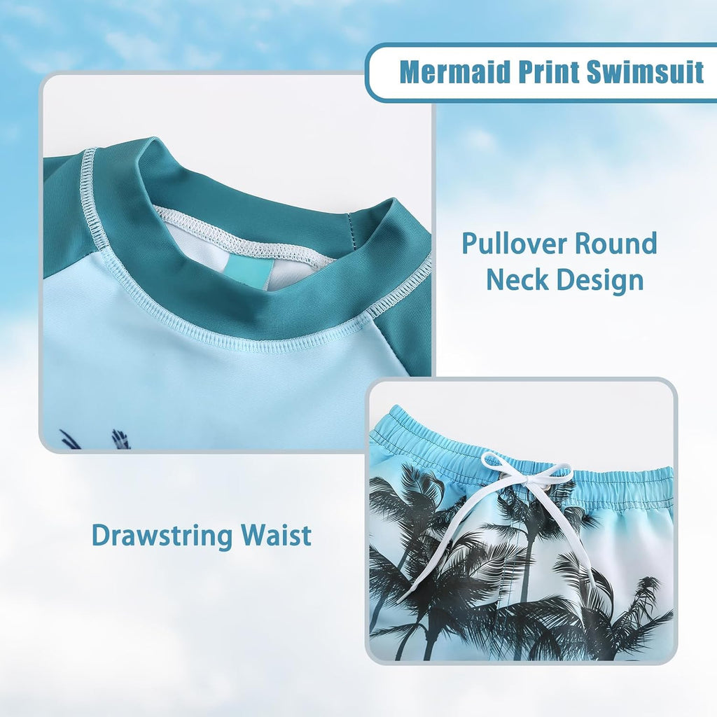 Boys Two Piece Rash Guard Swimsuits Set with Swim Trunk Kids Long Sleeve Bathing Suit Swimwear Set