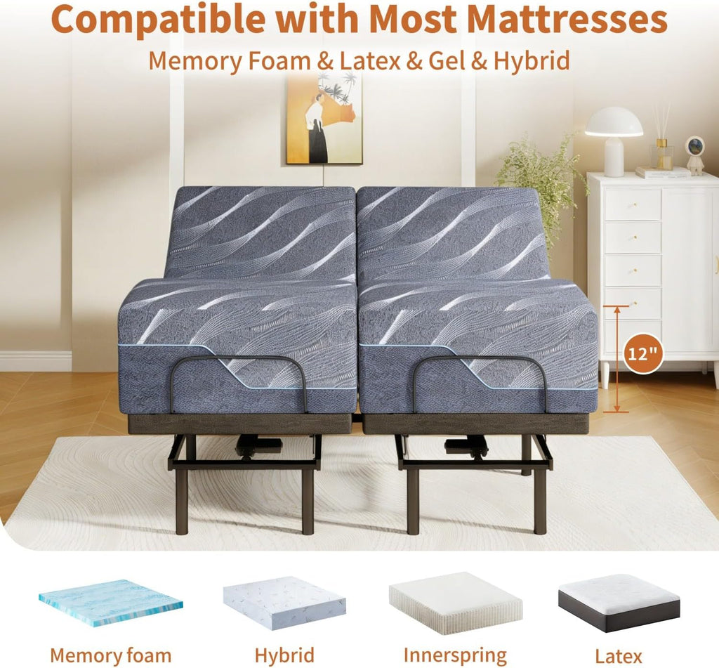 Split King Adjustable Bed Frame with 14" Mattress Electric Bed Base with Wireless Remote | Zero Gravity | Head & Foot
