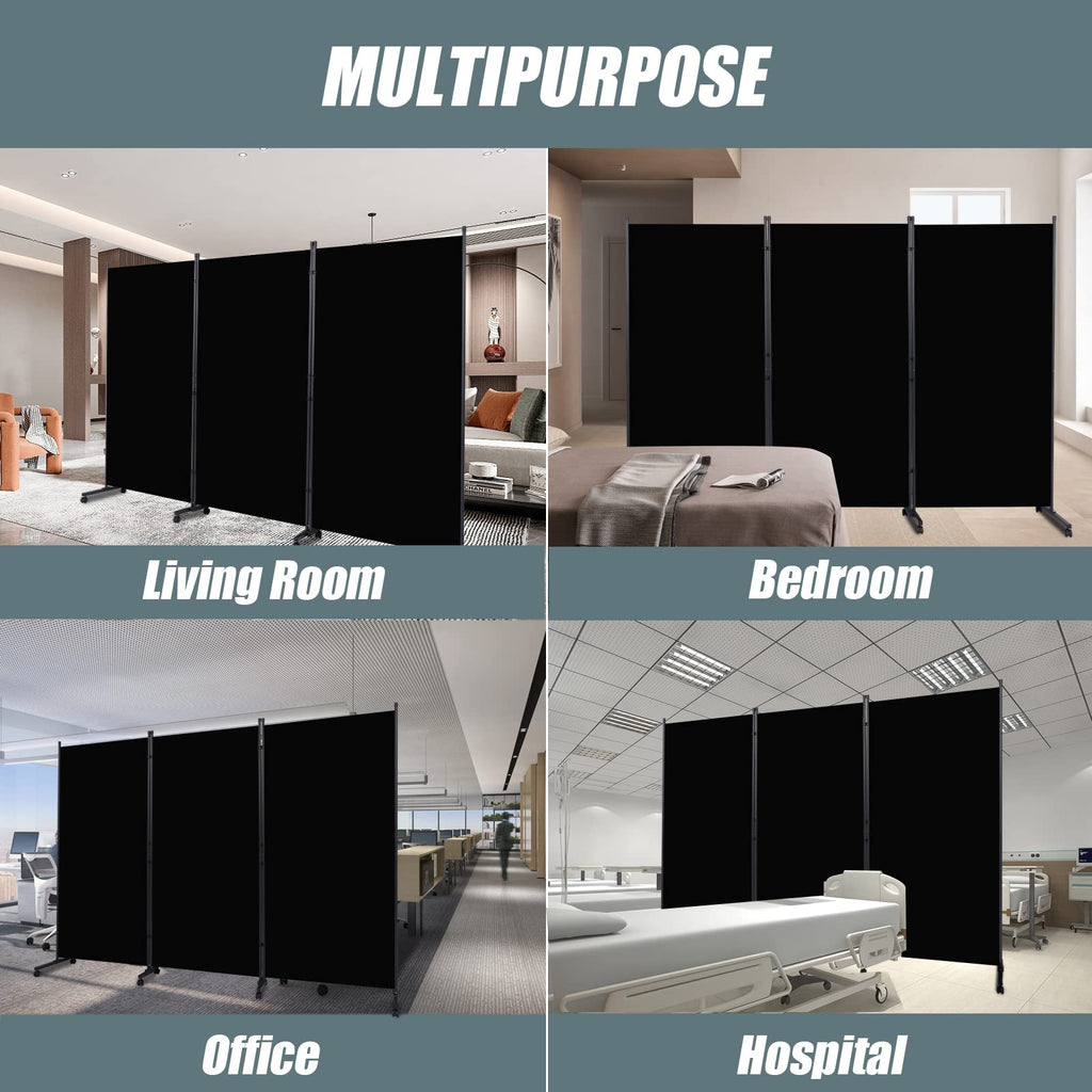 Room Divider 102'' Wide Folding Privacy Screen, 3 Panel Wall Divider w/Wheel