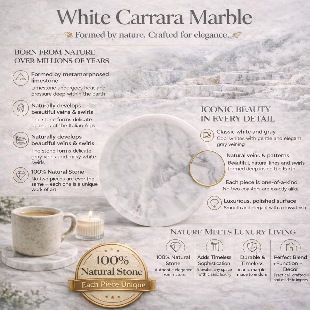 Marble Coasters with Holder, 3.5 Inch Round Drink Coasters for Tabletop and Coffee Table Decor, White - Set of 6