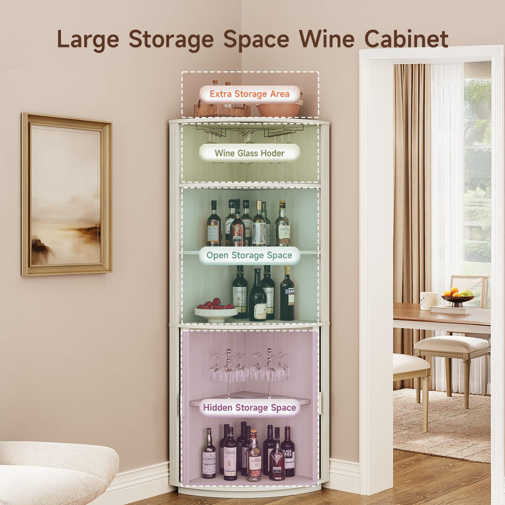 72" Tall Corner Bar Cabinet with LED Light, Liquor Cabinets, White