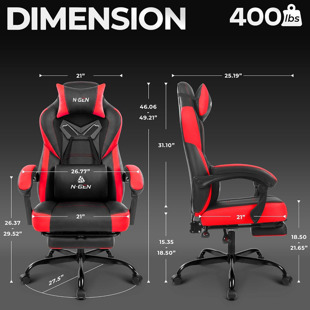 Big & Tall Gaming Chair with Footrest, Lumbar Support, Red | Ergonomic High-Back Chair for Adults, Padded Wide Seat