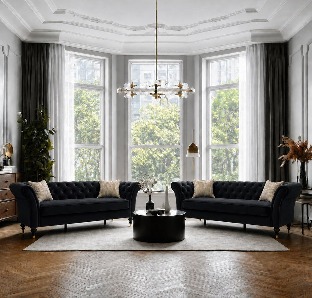 Black Chesterfield Sofa Set, 88.5" 3 Seater Couch