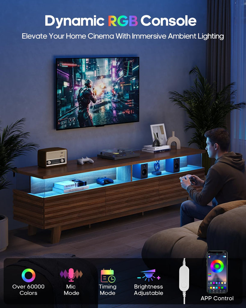 TV Stand with Cable Management, LED, Power Station (Walnut, 70.9")