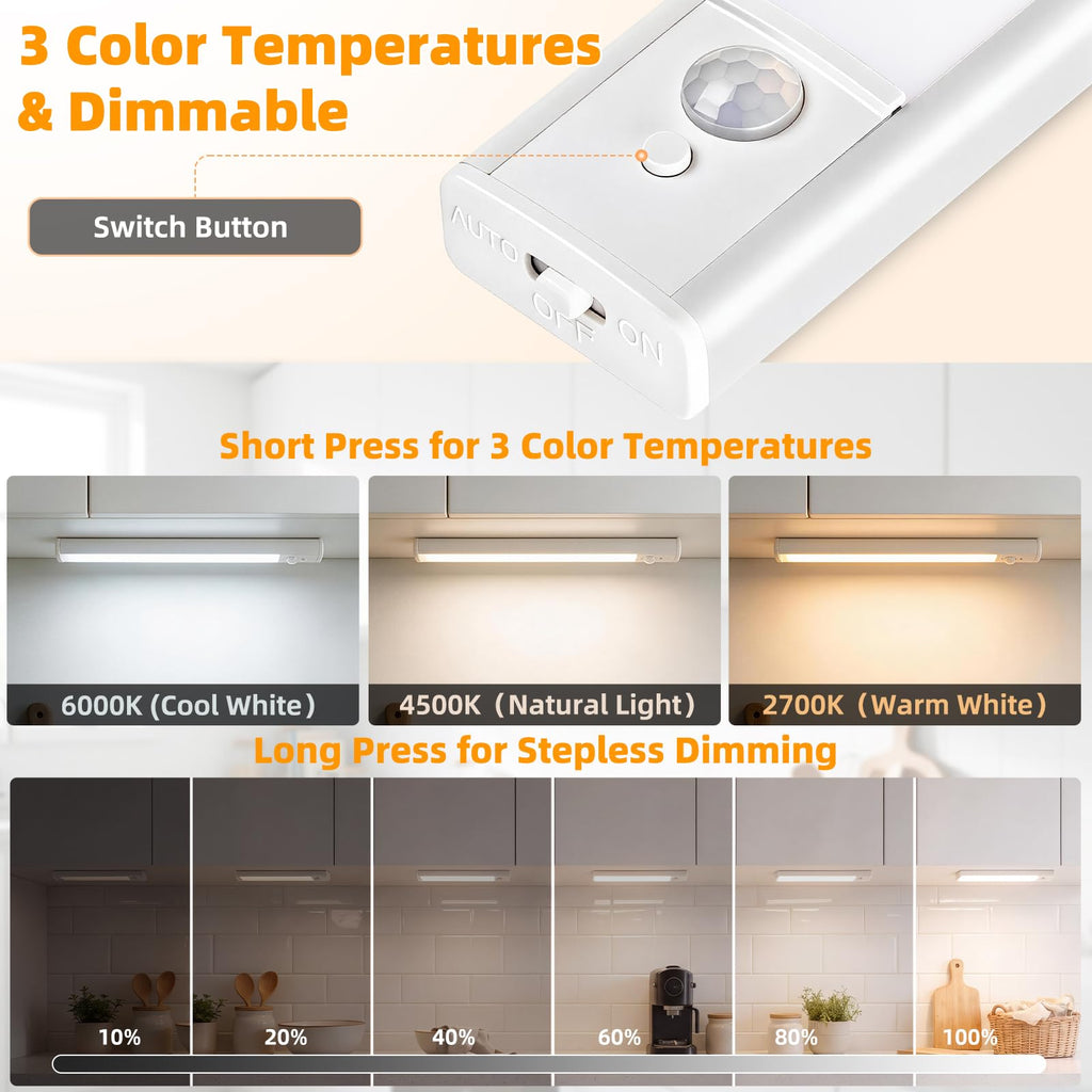 10 Inch Under Cabinet Lighting 6 Pack, 3 Colors Motion Sensor Light Indoor