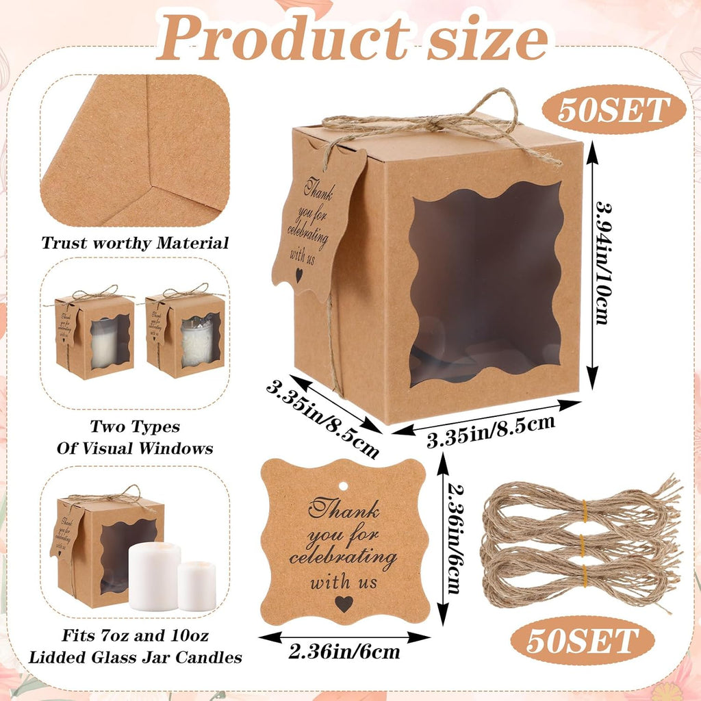 Set Candle Gift Box Transparent Gift Packaging Box for 4-10 oz Candles 50 Paper Thank You Tag with Ropes - Set of 50