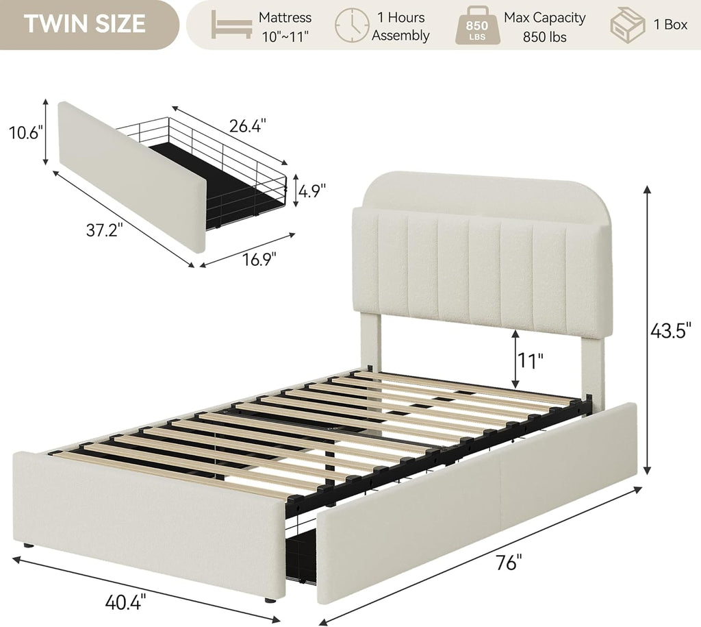 Twin Bed Frame, Platform Bed with Storage Headboard & Drawers | Boucle Upholstered Bed Frame for Kids, Bookcase
