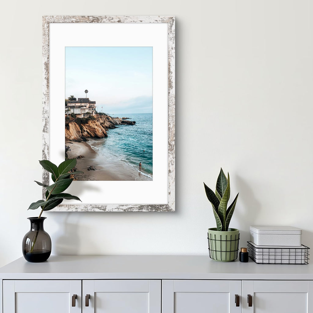 16x24 Frame with Mat for 12x18, Real Distressed White