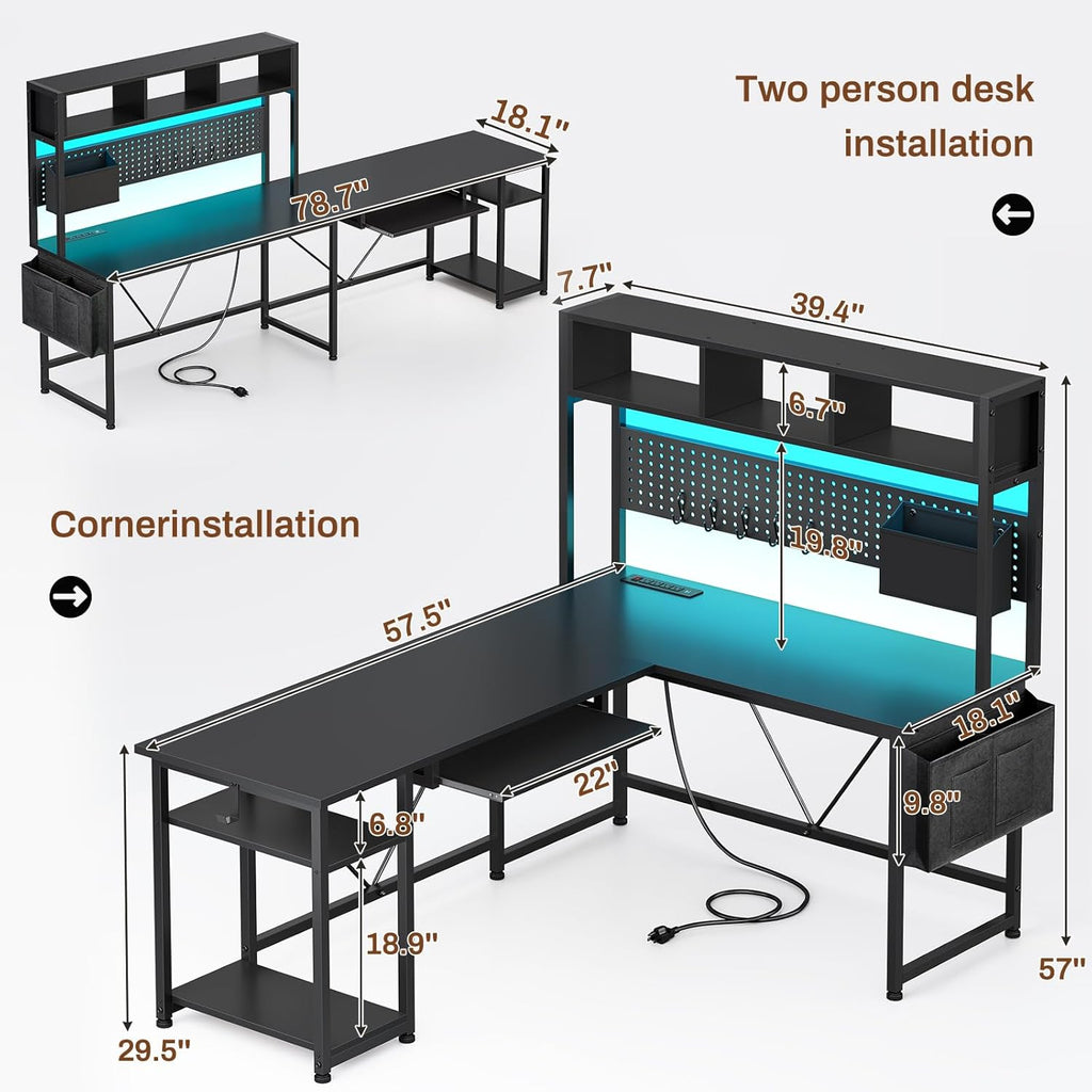 L Shaped Gaming Desk with Hutch, 57.5" Reversible Corner Computer Desk with Storage Shelves, Gaming Desk with