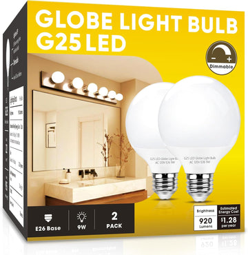 G25 LED Globe Light Bulbs,Dimmable Bathroom Vanity Light Bulbs E26 Base,9W (90W Equivalent), Round Light Bulbs Makeup