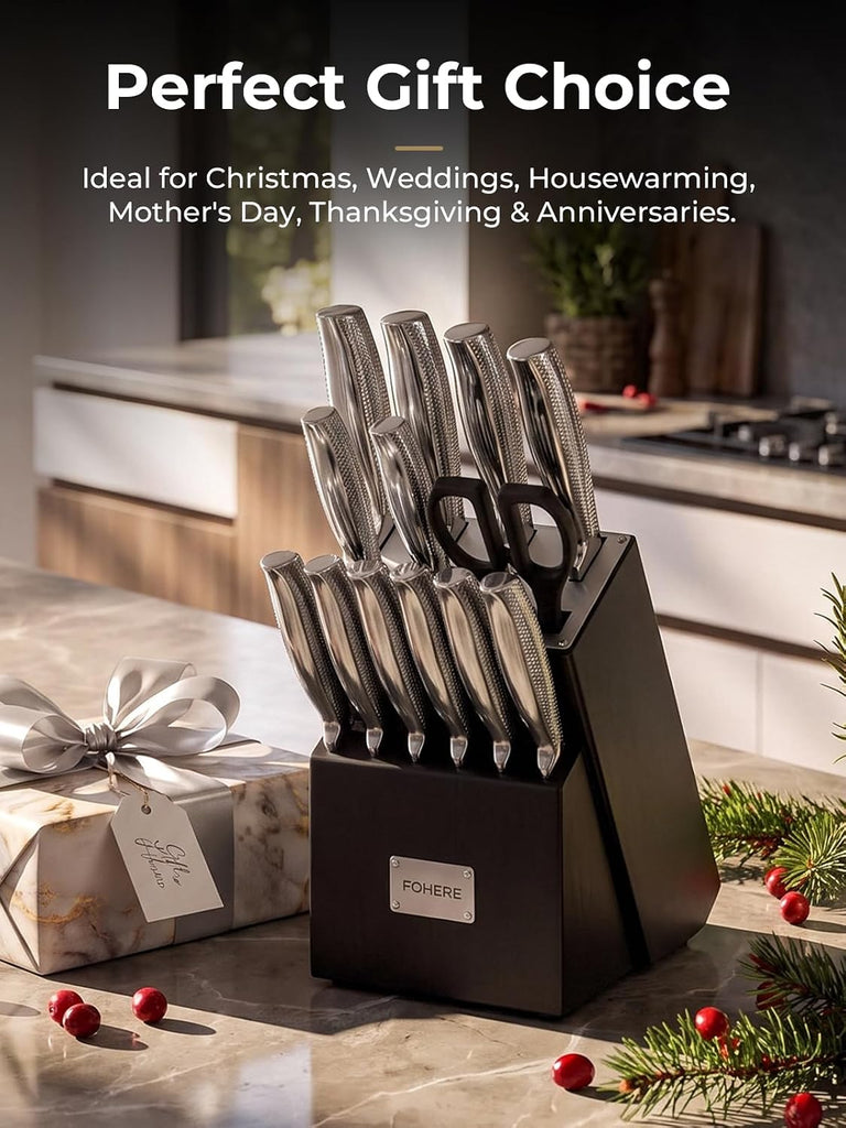 Knife Set, 14 Pieces Kitchen Knife Set with Built-in 5 x Sharpeners, Waved Texture Knife Set with Block, Stainless