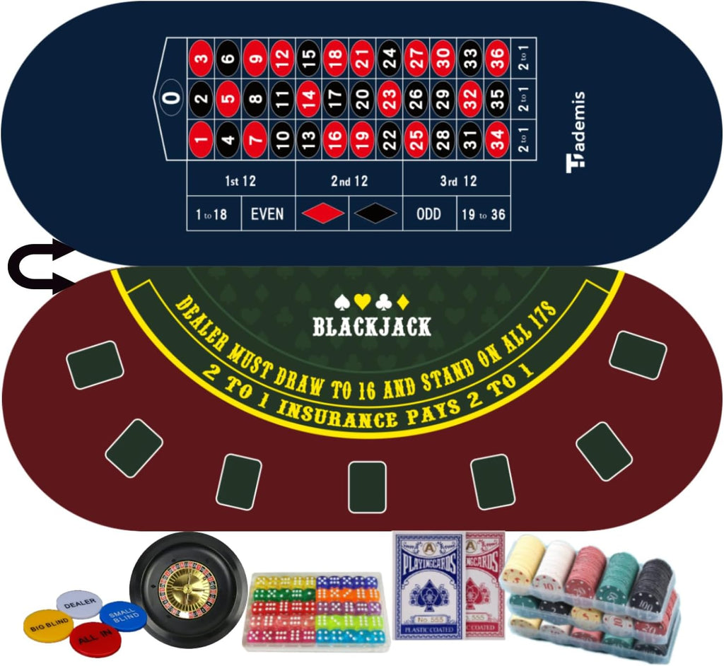 8 Player Foldable Poker Table Top 4-in-1 Casino Game Set for Texas Hold'em, Blackjack, Hi-Lo Dice & Roulette